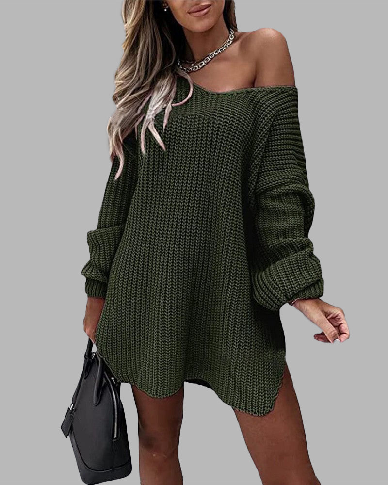 Loose Mid-length Off-shoulder V-neck Slit Knitted Sweater