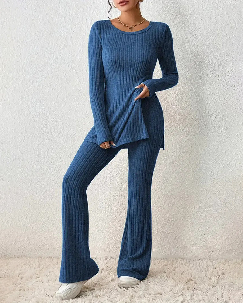 Causal Knitted Sets Split Hem Tee & Flare Leg Pants