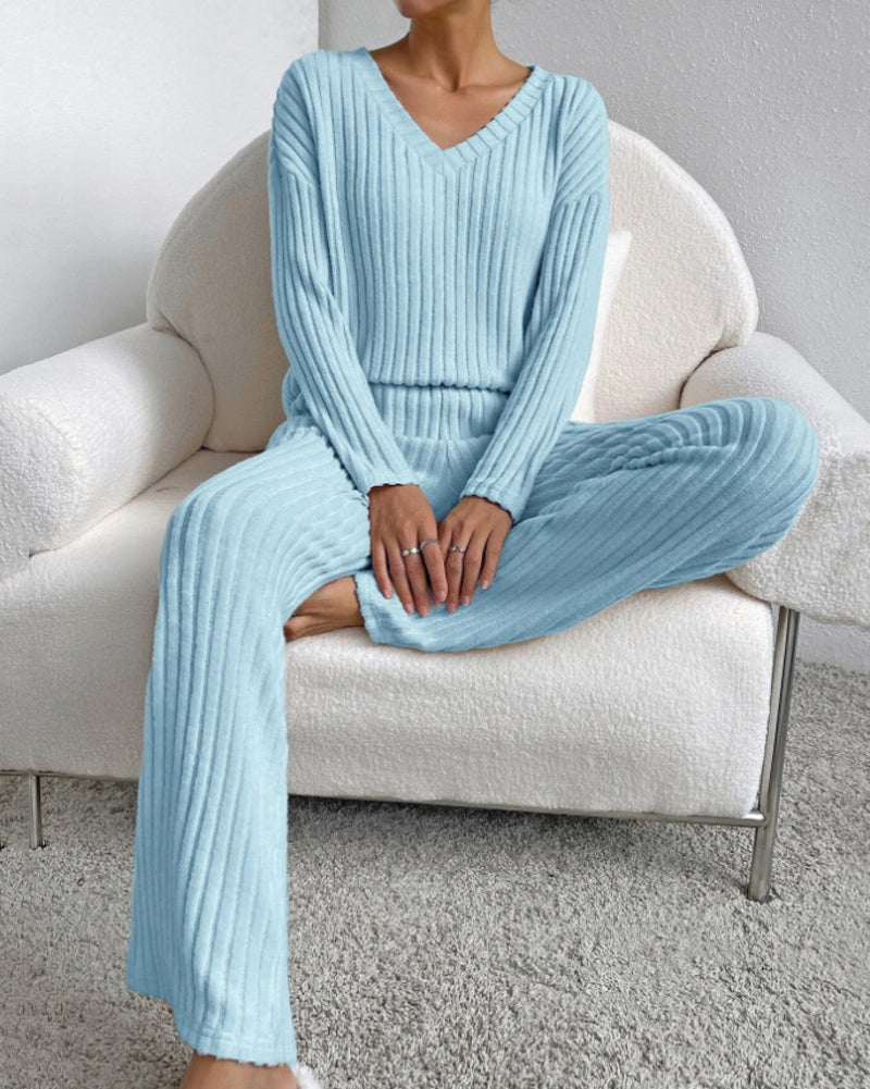 Women's Two Pieces Sets Ribbed Knit V-Neck Long-Sleeve Top & Pants Set