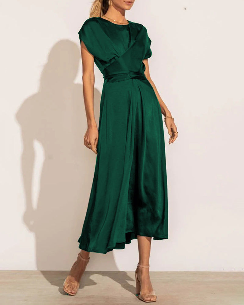 Satin Midi Dress Cap Sleeve Tie Waist Elegant A-Line Flowy Dresses