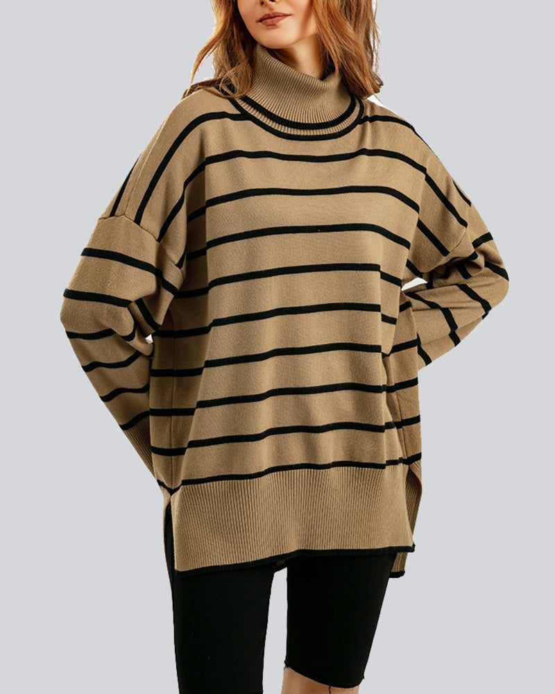 Striped Sweater Casual Turtleneck Knit Pullover Jumper Tops