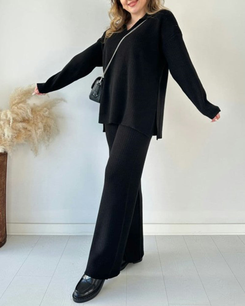 Solid Color Loose Hem Slit Two-piece Sweater Set