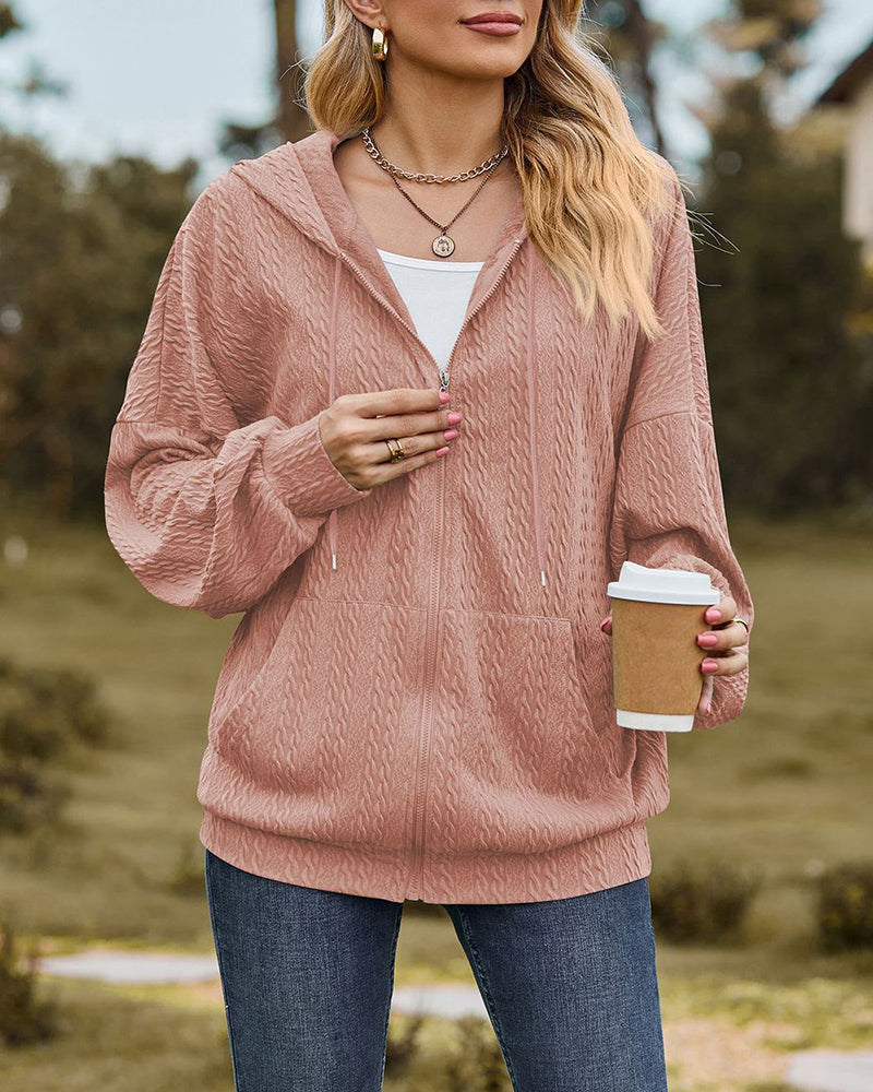 V-Neck Zipper Closure Solid Color Long Loose Hoodie Jacket