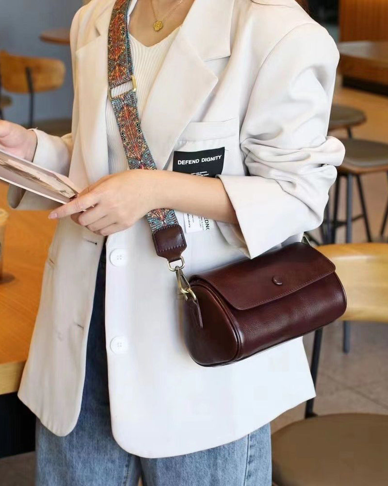 Genuine Leather Women's Bag Vegetable Tanned Cowhide Cylinder Bag Crossbody Bag Shoulder Bag