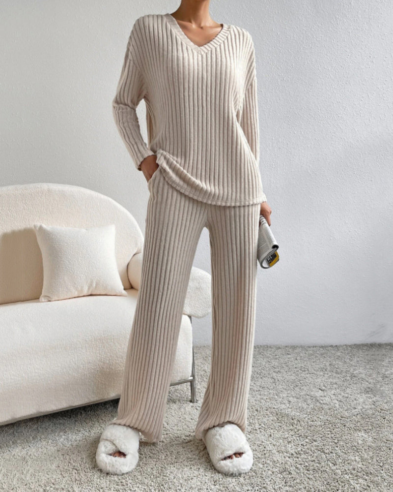 Women's Two Pieces Sets Ribbed Knit V-Neck Long-Sleeve Top & Pants Set