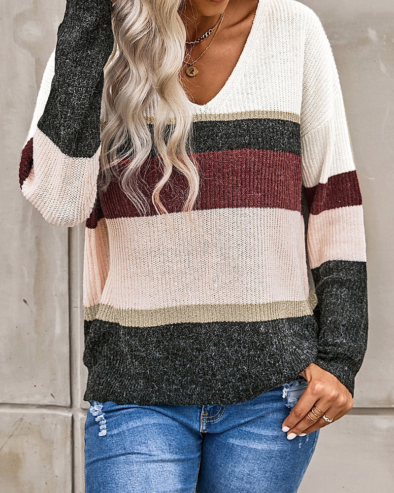 Striped Color Contrast Long Sleeve V-Neck Knit Sweater