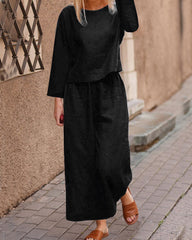 Long Sleeve Tops And Long Wide Leg Pants Casual Loose Fit Two Piece Loungewear Sets