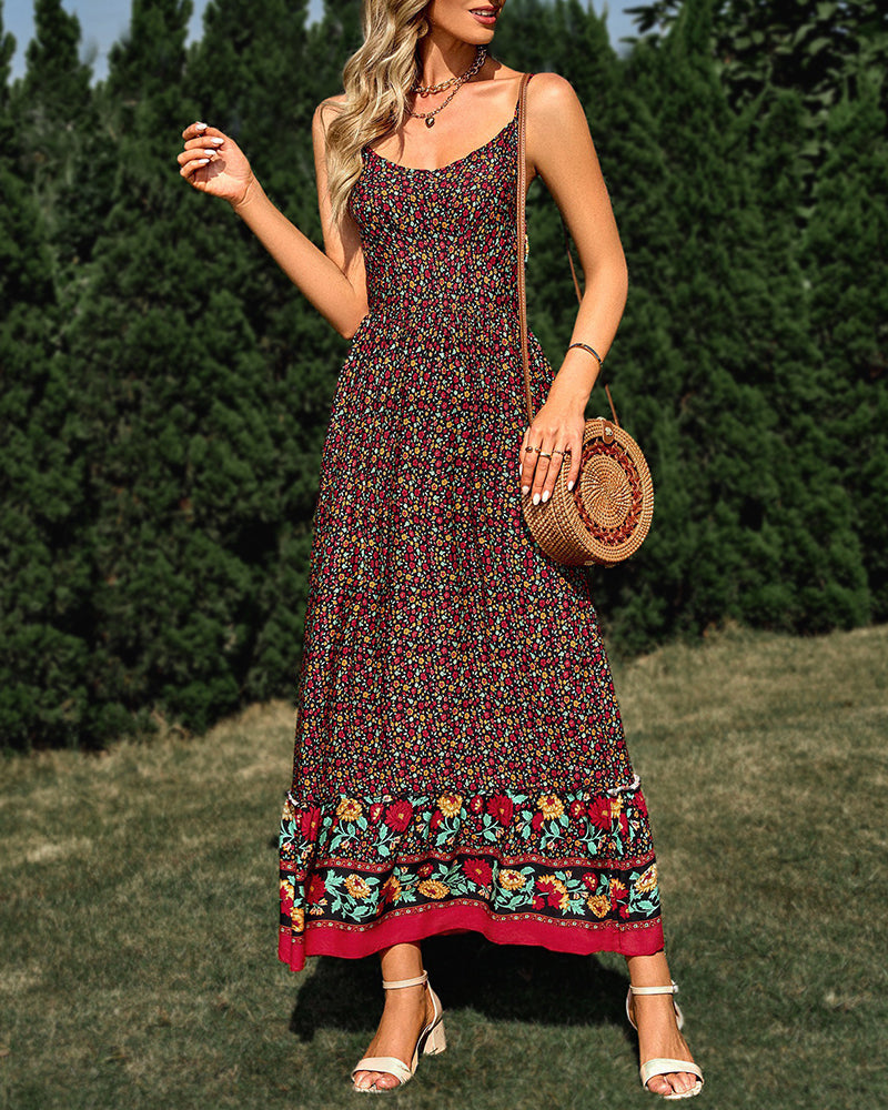 Summer Floral Printed Bohemian Sundress Sleeveless Spaghetti Strap Swing Dress
