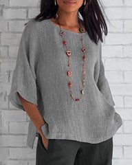 Cropped Sleeves Cotton Linen T-Shirt Boho Vintage Loose Fit Tunic Tops Plain Crewneck Tees