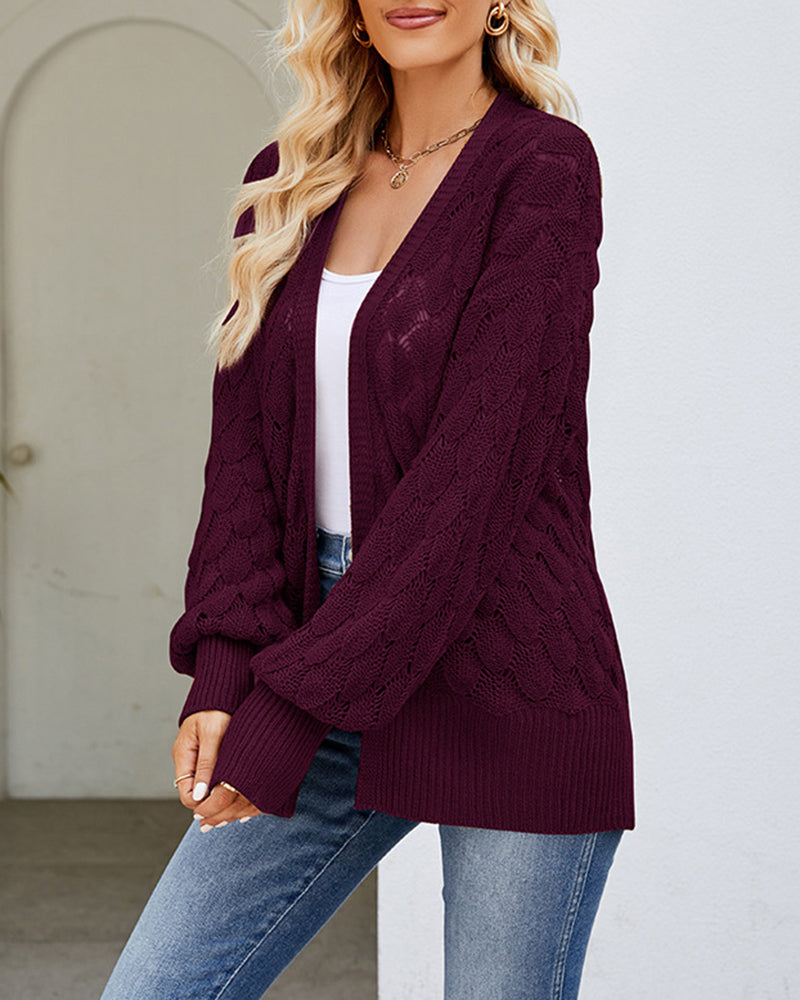 Solid Color Hollowed Out Knitted Cardigan Loose V-Neck Long Sleeved Cardigan Top