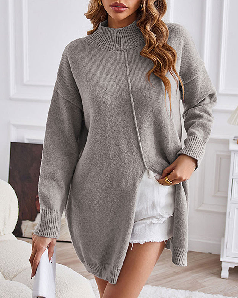 Turtleneck Slit-front Mid-Length Sweater