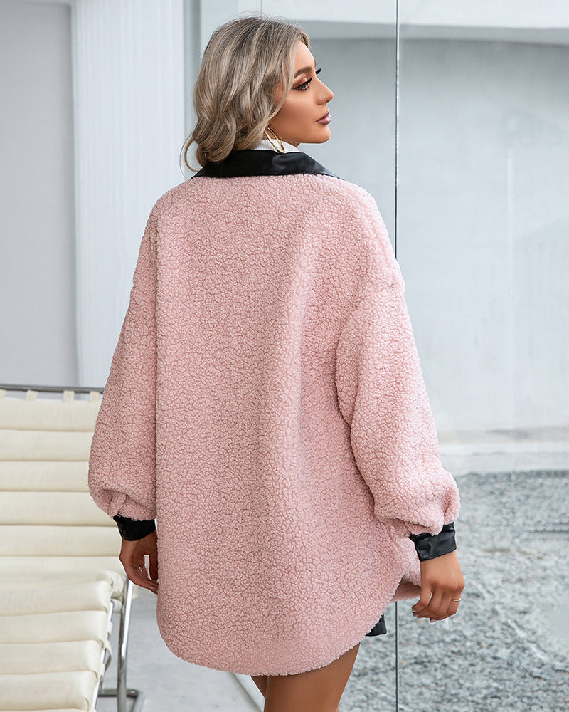 Lapel Collar Plush PU Single-breasted Trench Coat