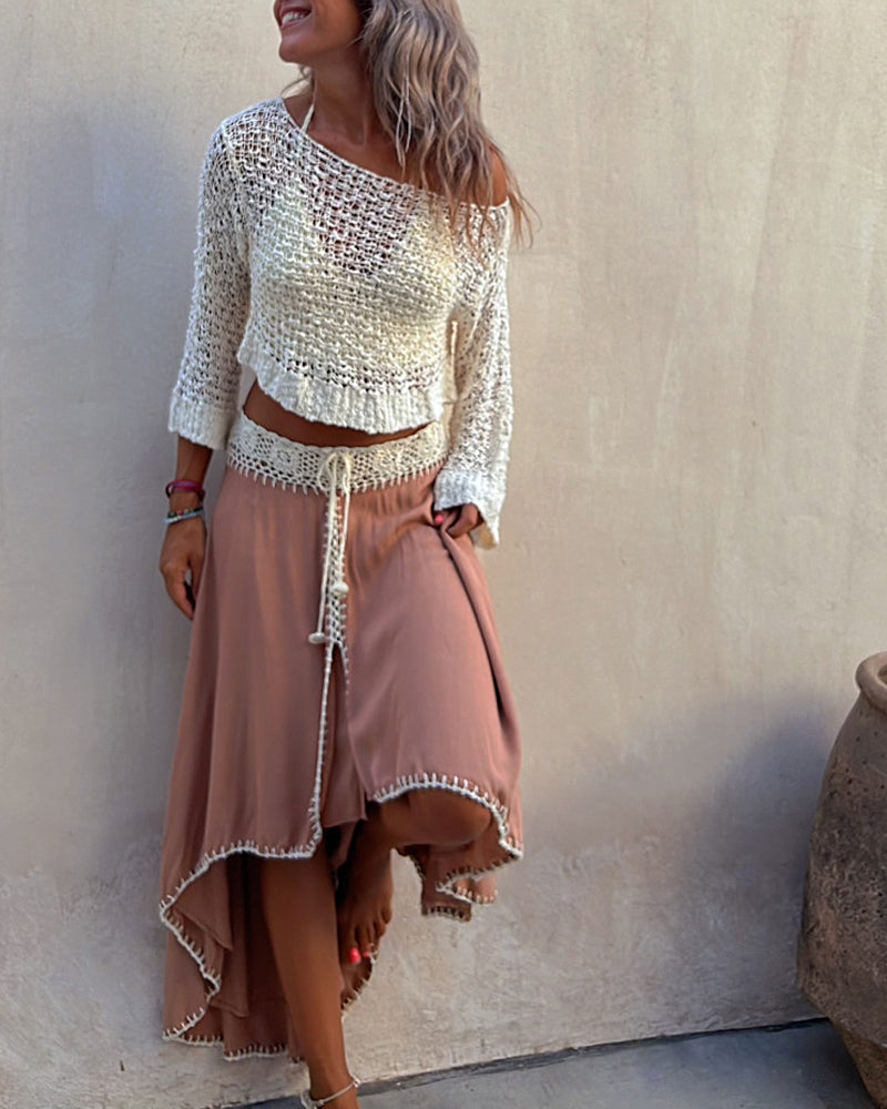 Stitching Hollow Women's Knitted Sweater Loose Round Neck Sunscreen Blouse
