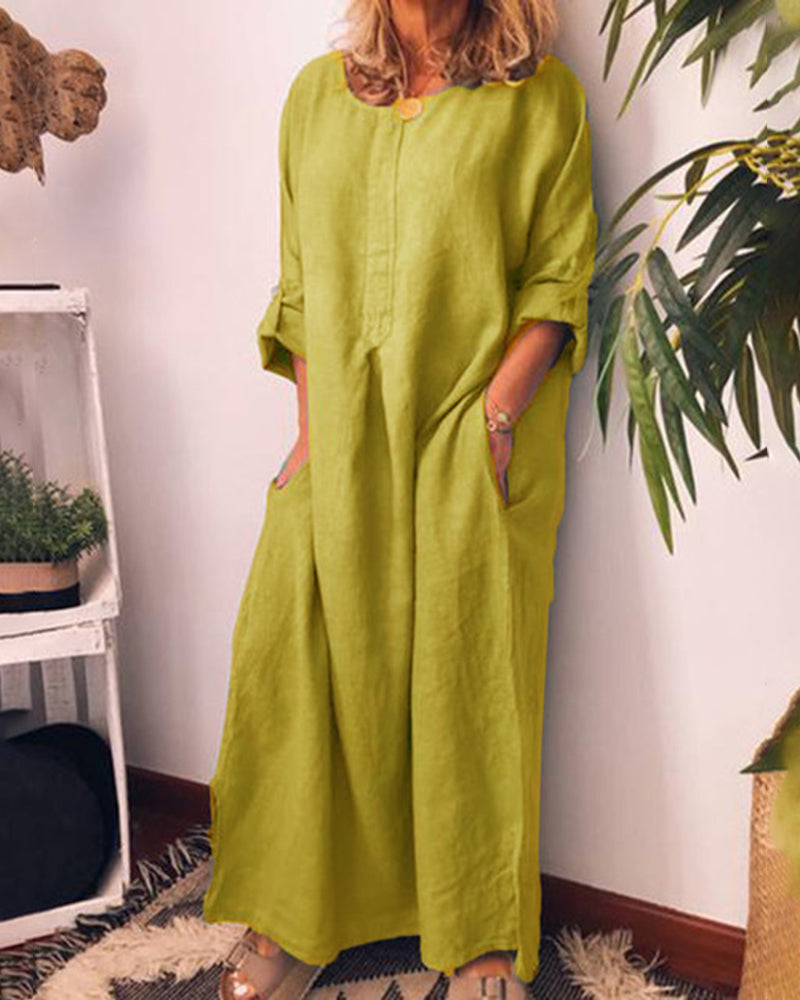 Long Sleeve Solid Color Plus Size Loose Fit Maxi Cotton Linen Dress Round Neck Button Up Dresses with Pocket