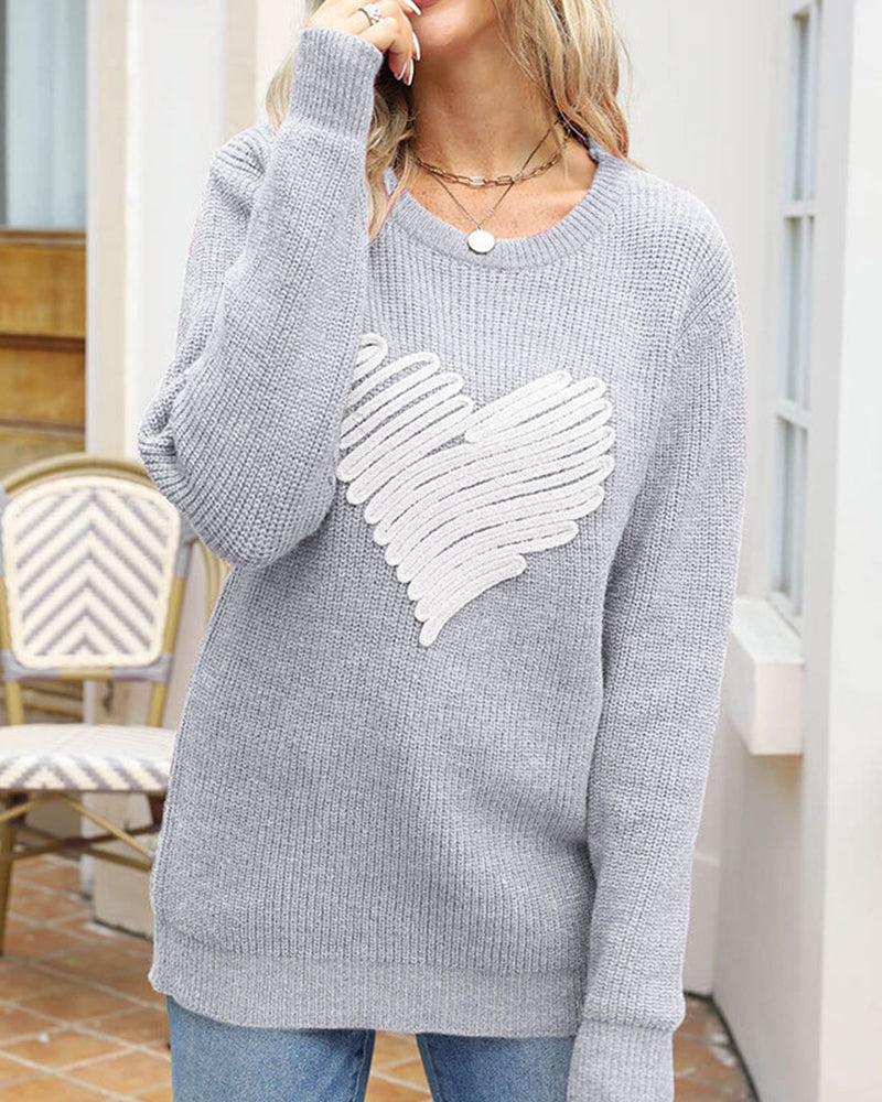 Casual Heart Round Neck Pullovers Long Sleeve Sweaters