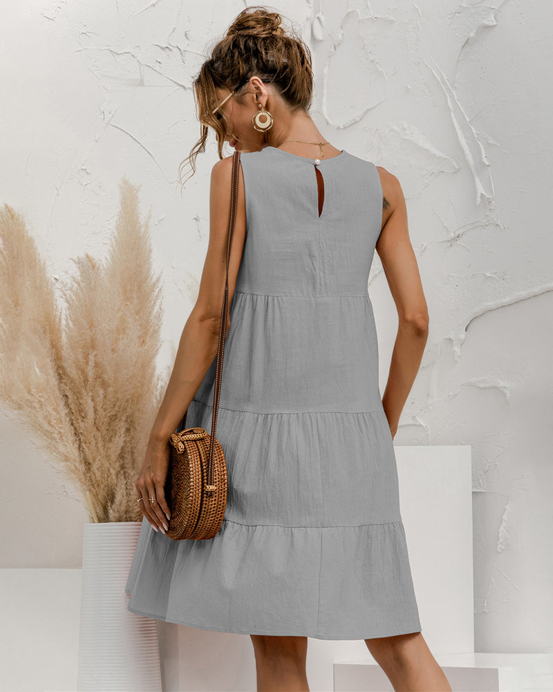 Solid Sleeveless Ruffle Sundress Round Neck A Line Pleated Mini Short T Shirt Dress