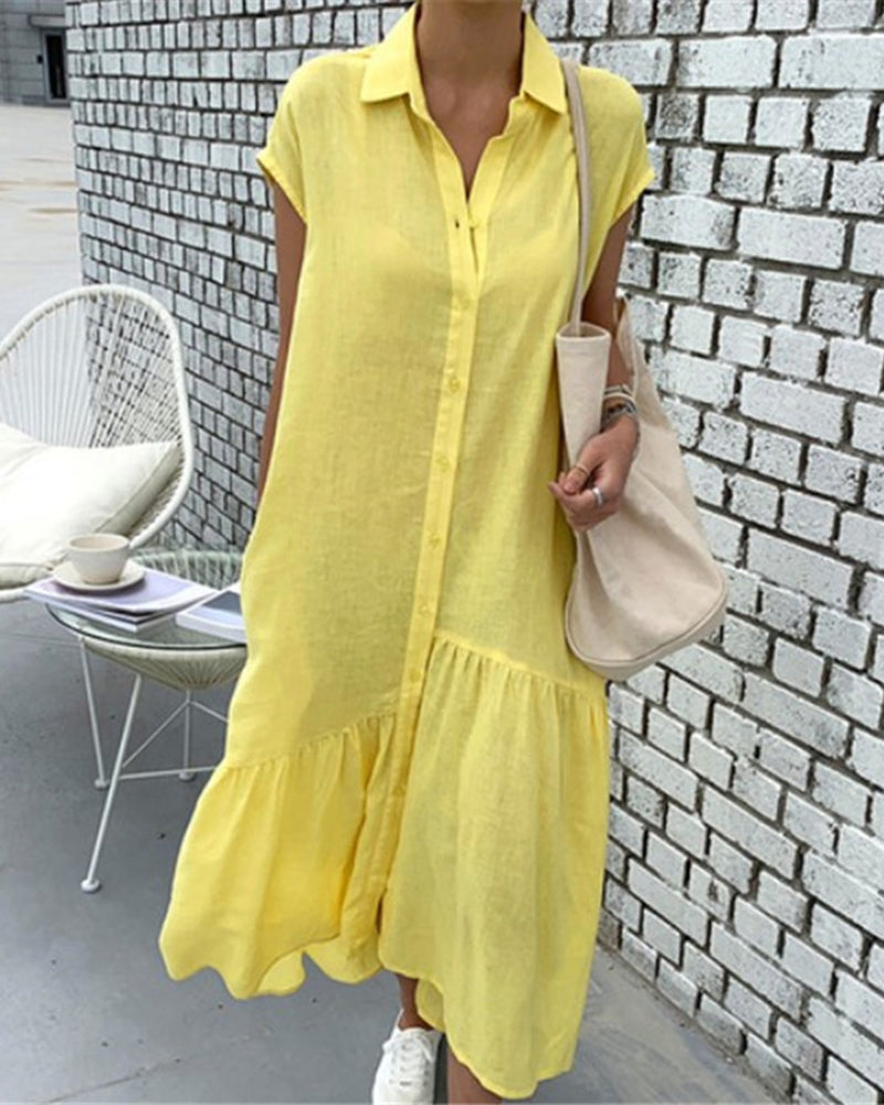 Casual Short Sleeve Ruffles Collared Button Down Maxi Dress