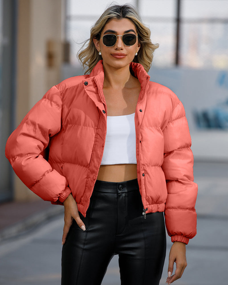 Short Puffer Jacket Stands Up Button Zipper Outerwear