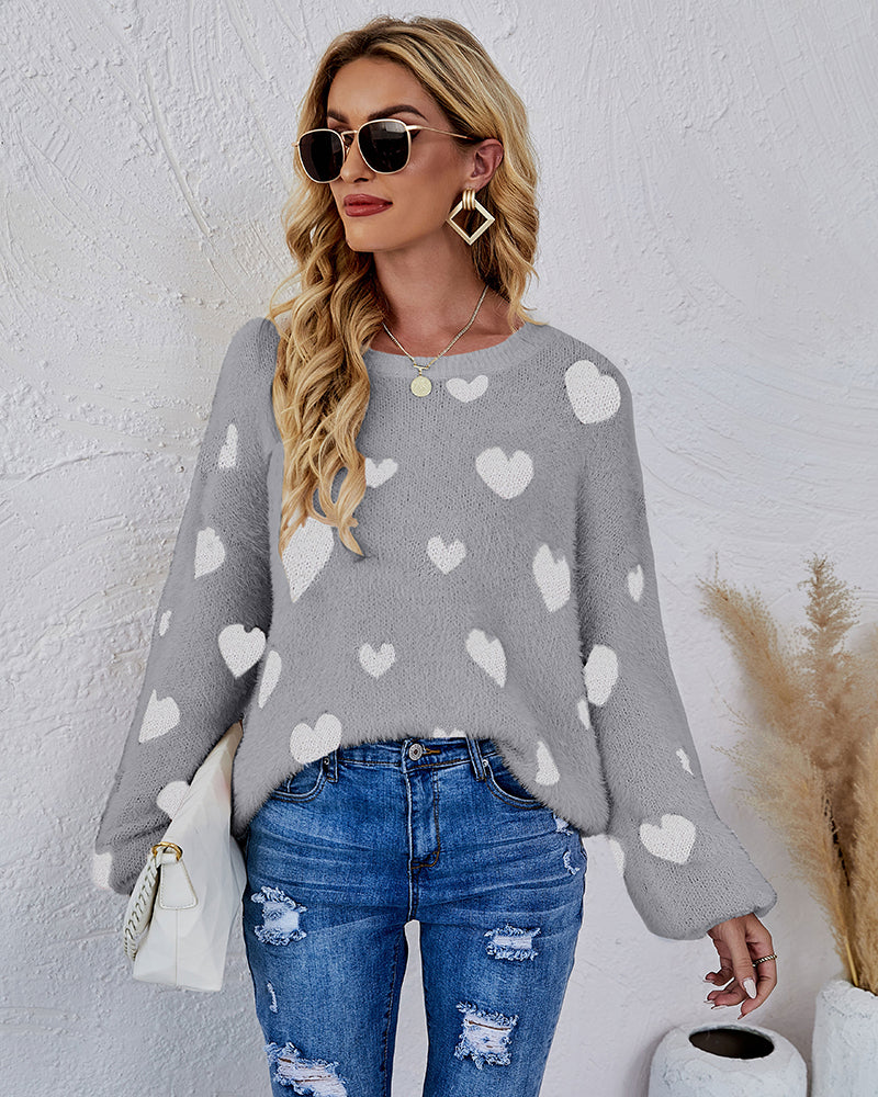 Love Pattern Round Neck Knit Sweater