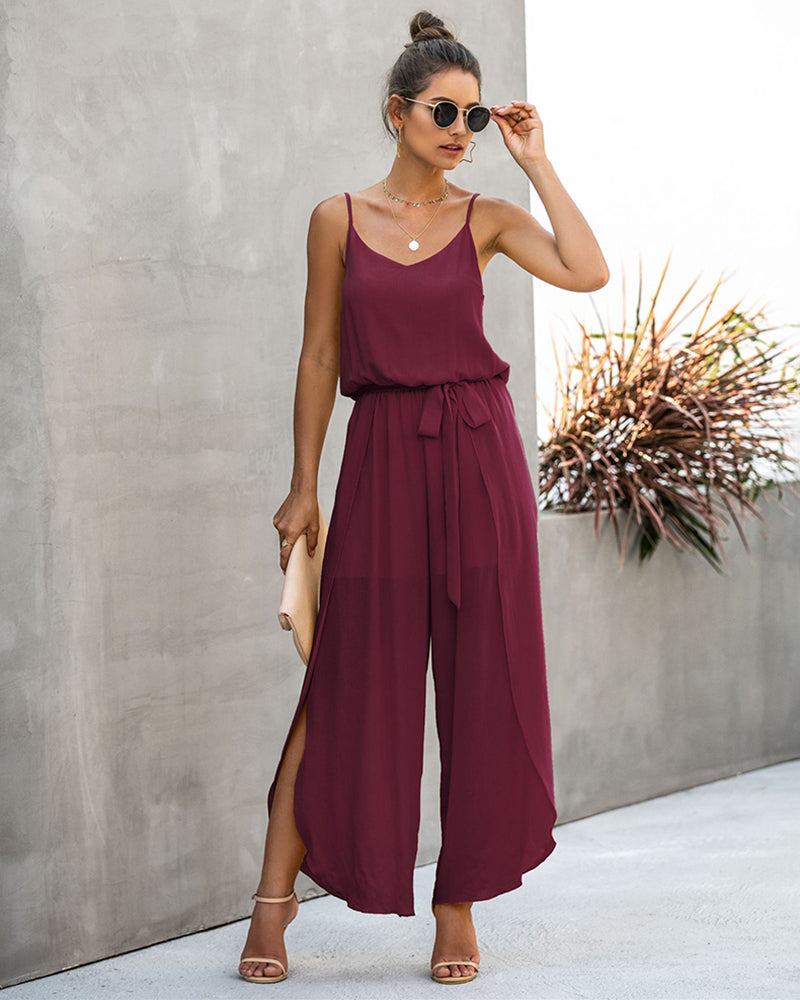 V-neck Suspenders Wide-leg Side Slit Women's Jumpsuit