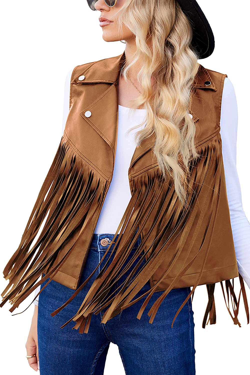 Women Faux Leather Vest Lapel Sleeveless Drape Tassel Open Front PU Fringe Jacket S-XXL - Zeagoo (Us Only)