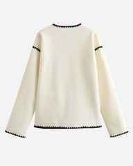 Buttoned Crew Neck Loose Color Block Knitted Jacket