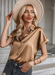 Silk Blouse for Women Short Sleeve Satin Button Down Shirts Casual Loose V-Neck Business Work Tunic Top - Zeagoo (Us Only)