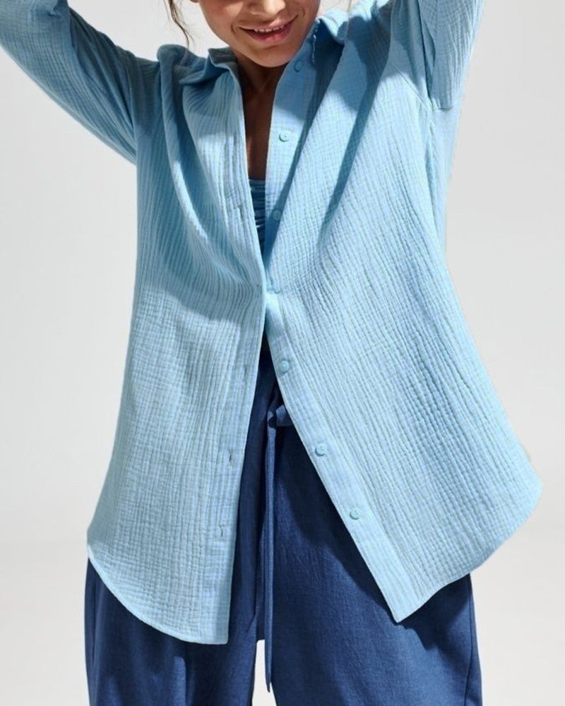 Solid Color Long Sleeve Cotton Crepe Shirt