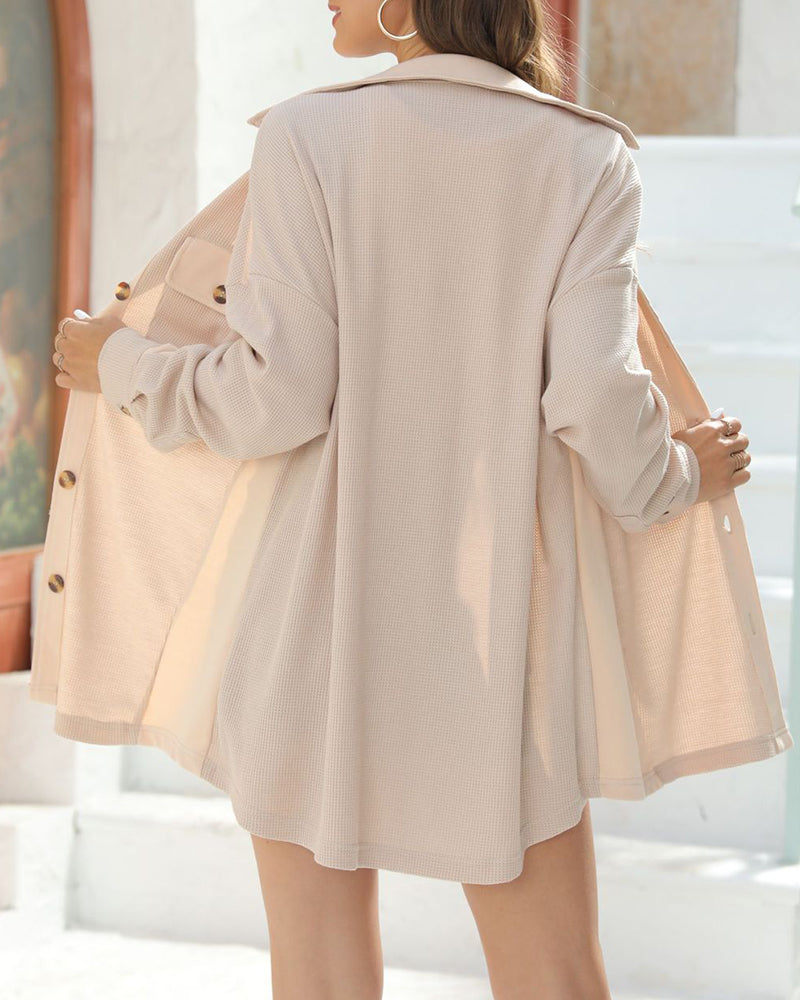 Button Down Shirts Jacket Casual Waffle Knit Long Sleeve Oversized Tops