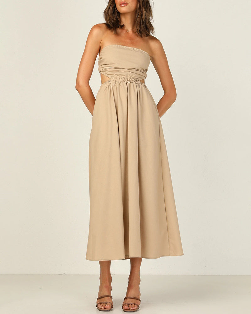 Summer Strapless Dress Off Shoulder Sexy Wrap Dress Solid Color Beach Dress