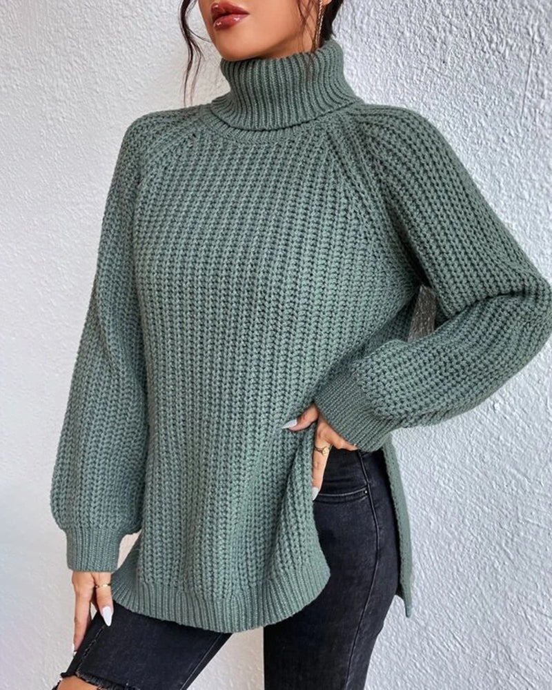 Mid-Length Raglan Sleeve Turtleneck Slit Sweater