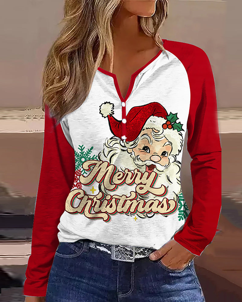 Christmas Santa Claus V Neck Shift Casual Long Sleeve Top