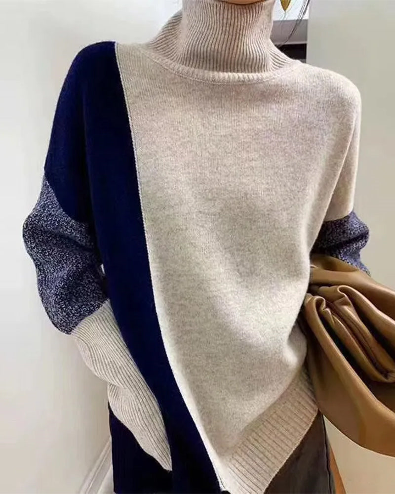 Color Stitching Pullover Wool Long Sleeve Loose Turtleneck Knit Sweater