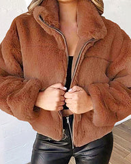 Faux Fur Zip-Up Cardigan Plush Jacket