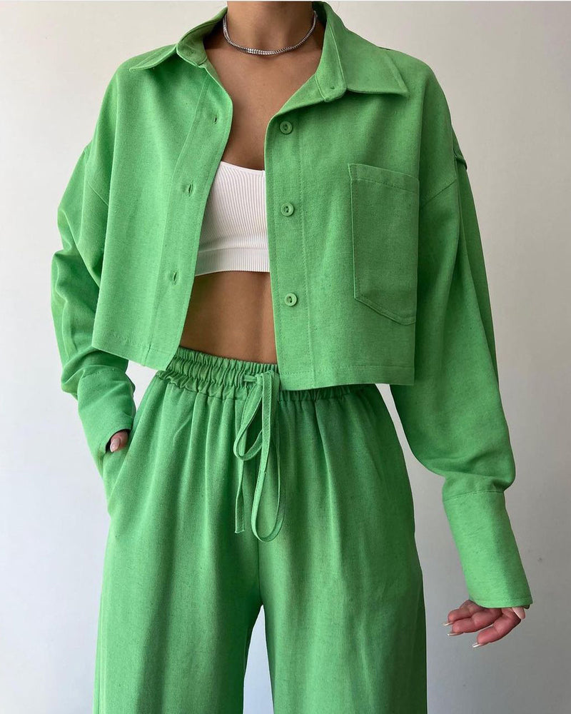 Two Piece Outfits Casual Lounge Sets Long Sleeve Short Casual Shirt with Drawstring Trousers Set