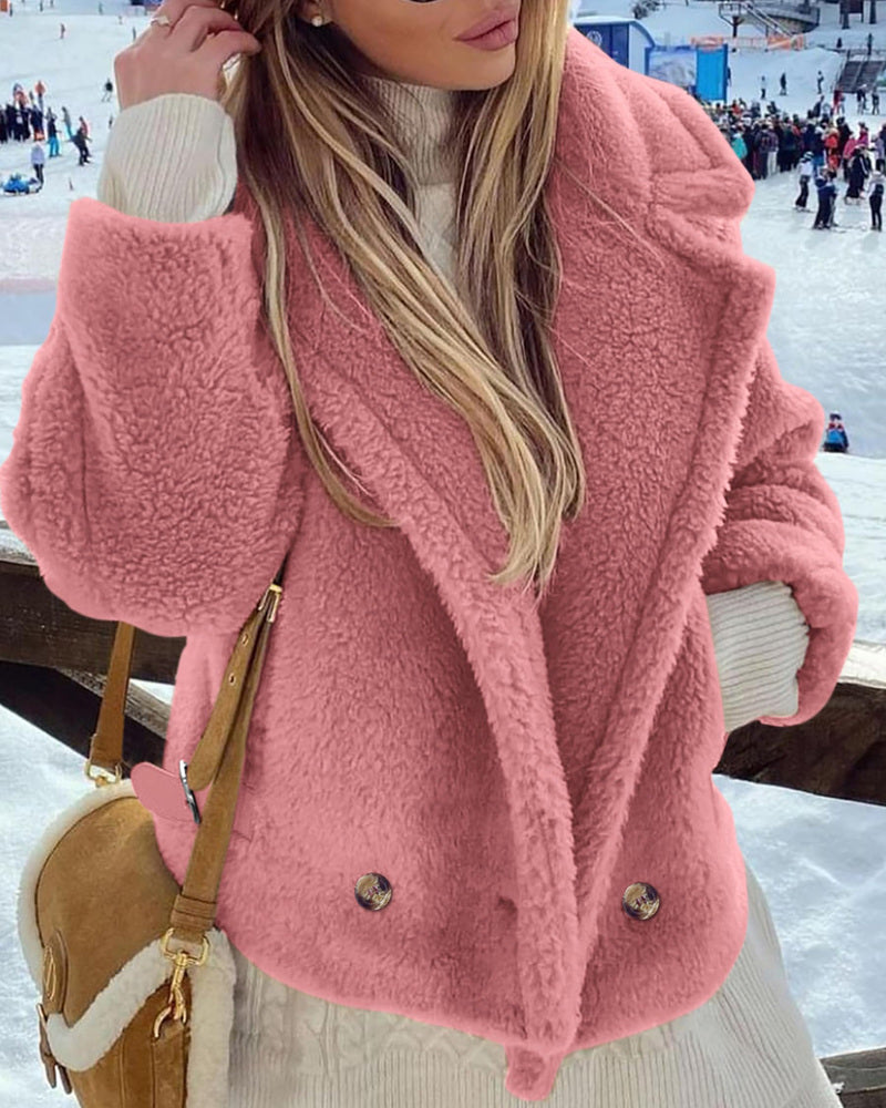 Lapel Fleece Jacket Long Sleeve Pockets Faux Fur Dressy Fall Outfits