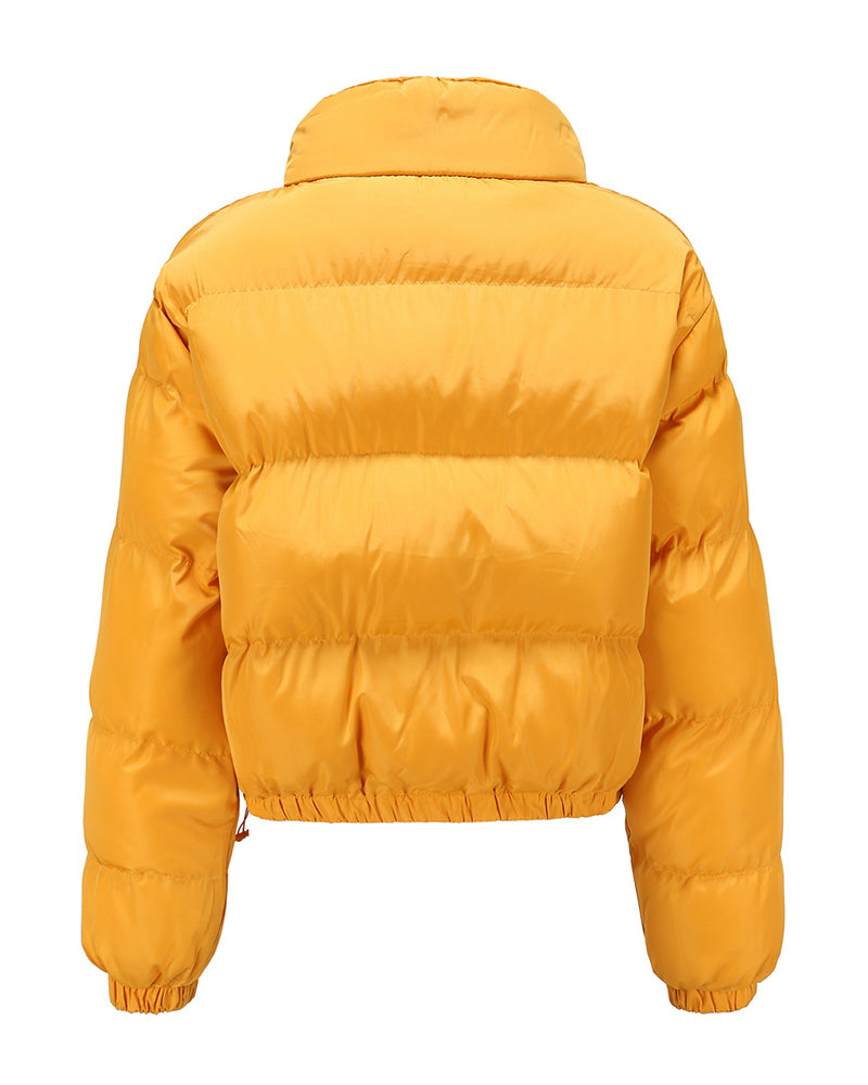 Short Puffer Jacket Stands Up Button Zipper Outerwear