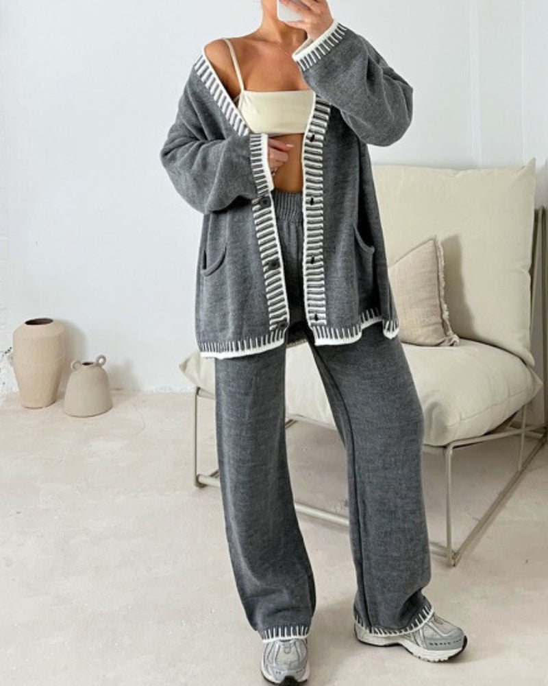 Casual Two-pieces Outfits Contrast Trim Knitted Cardigan and Trousers Pants Sets