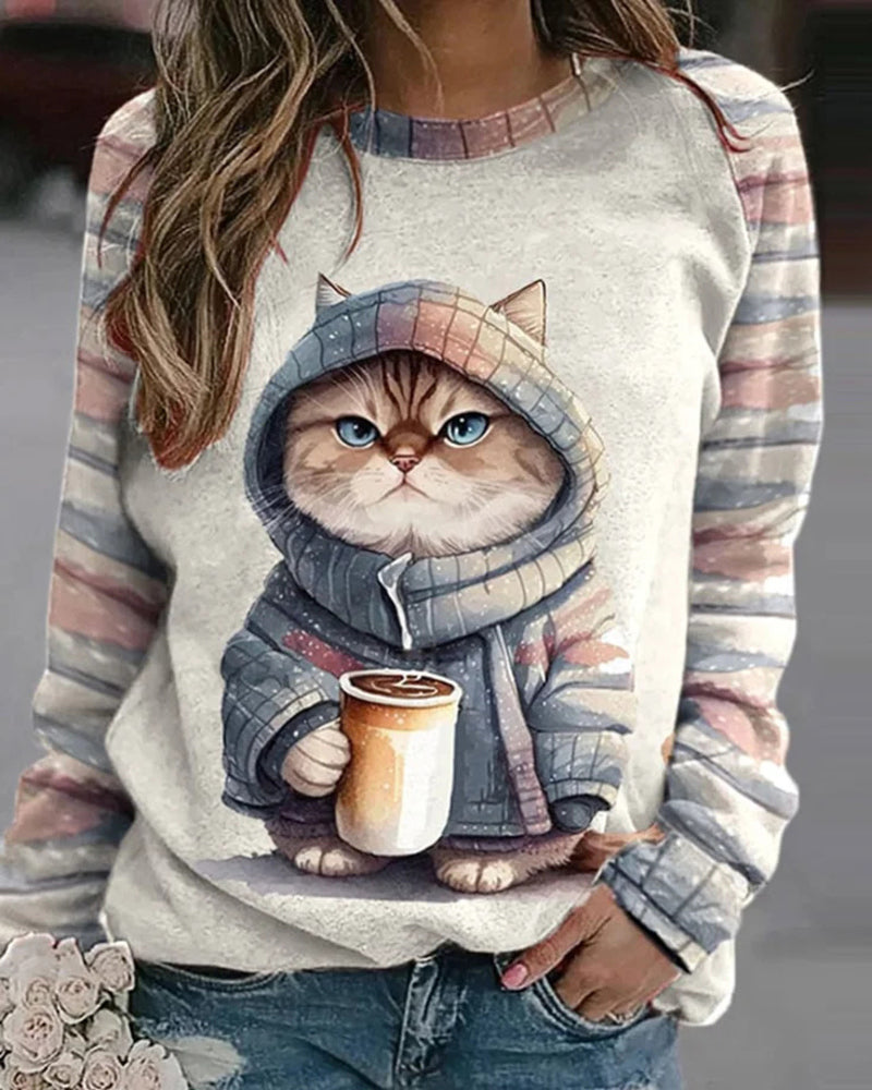 Winter Funny Cute Wonderland Clothing Cat Print Sweatshirt