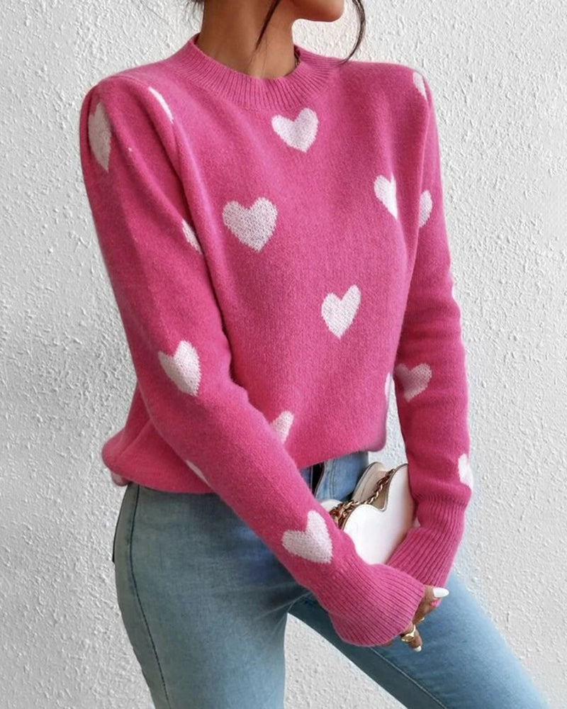 Casual Slim Peach Heart Pattern Long Sleeve Sweater