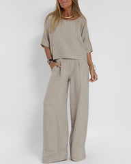 Two-piece Set Loose Vacation O-neck Half Sleeve Solid Tops Casual Wide Leg Pants Suits