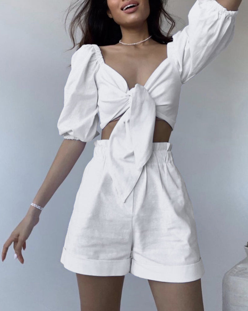 Half Sleeve Knot Front Crop Cardigan Top with Shorts Sets