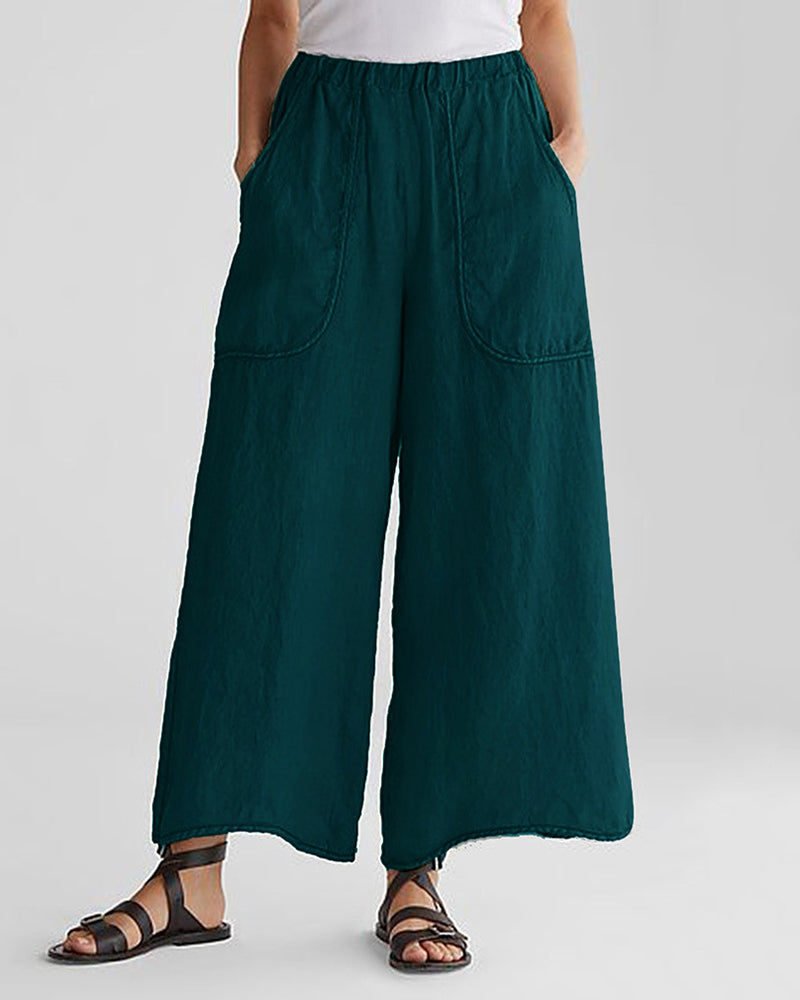 Basic Mid Elastic Waist Wide Legs Cotton Cropped Beach Pants Trousers with Pockets