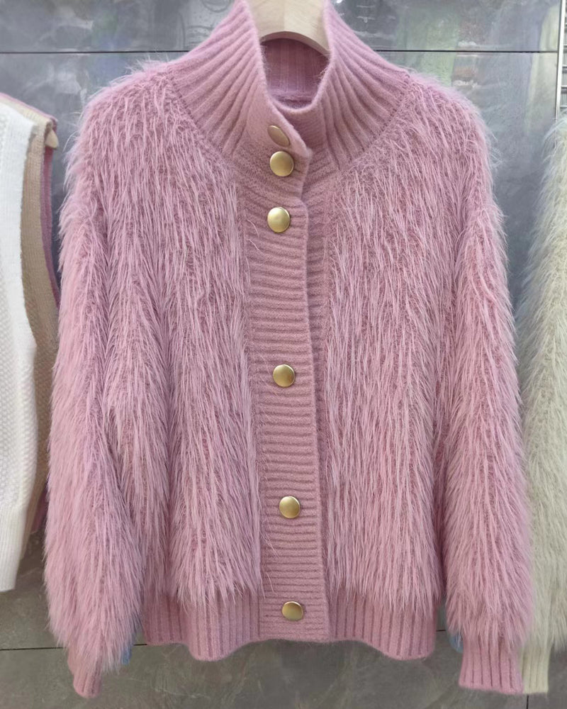 Women's Faux Fur Sweater Cardigan Knitted Turtleneck Jumper Fluffy Coat