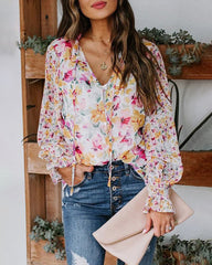 Long Sleeve Boho Drawstring Floral Print V Neck Shirt Buttoned Blouse Casual Tunic Tops