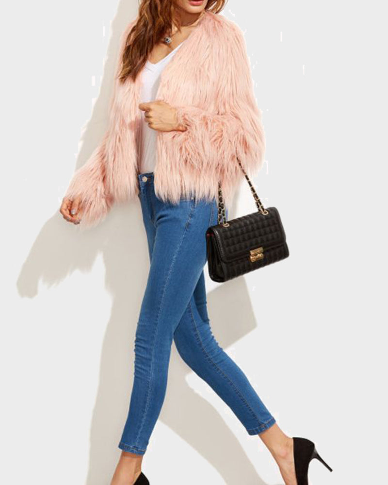 Faux Fur Coat Long Sleeve V-Neck Plush Warm Jacket Coat