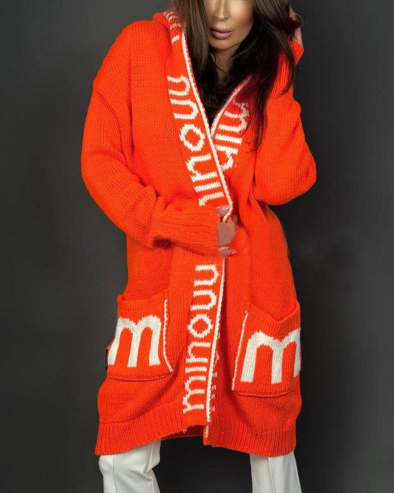 Long Elegant Stripe Cardigan Wool Long Sleeve Hooded Letter Knitted Coat