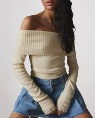 Chic Off Shoulder Sweater Solid Basic Sexy Slim Fit Crop Top