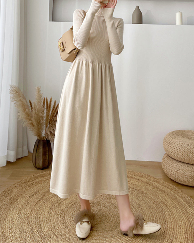 Long-Sleeve High Neck Plain Ribbed Midi A-Line Knit Dress