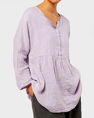 Plus Size Cotton and Linen Casual Loose V-neck Long-sleeved Shirt Top